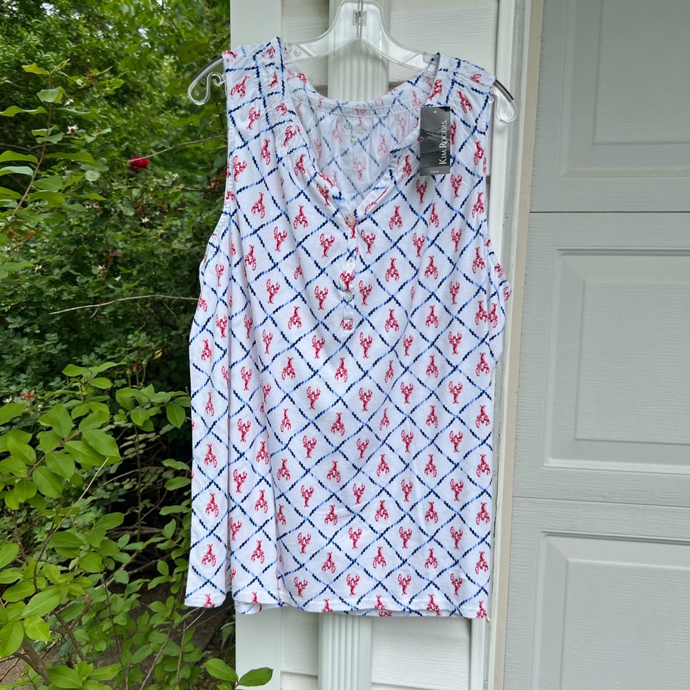 NWT Kim Rogers Cute White Blue Diamond Red Lobster Smocked Sleeveless Top